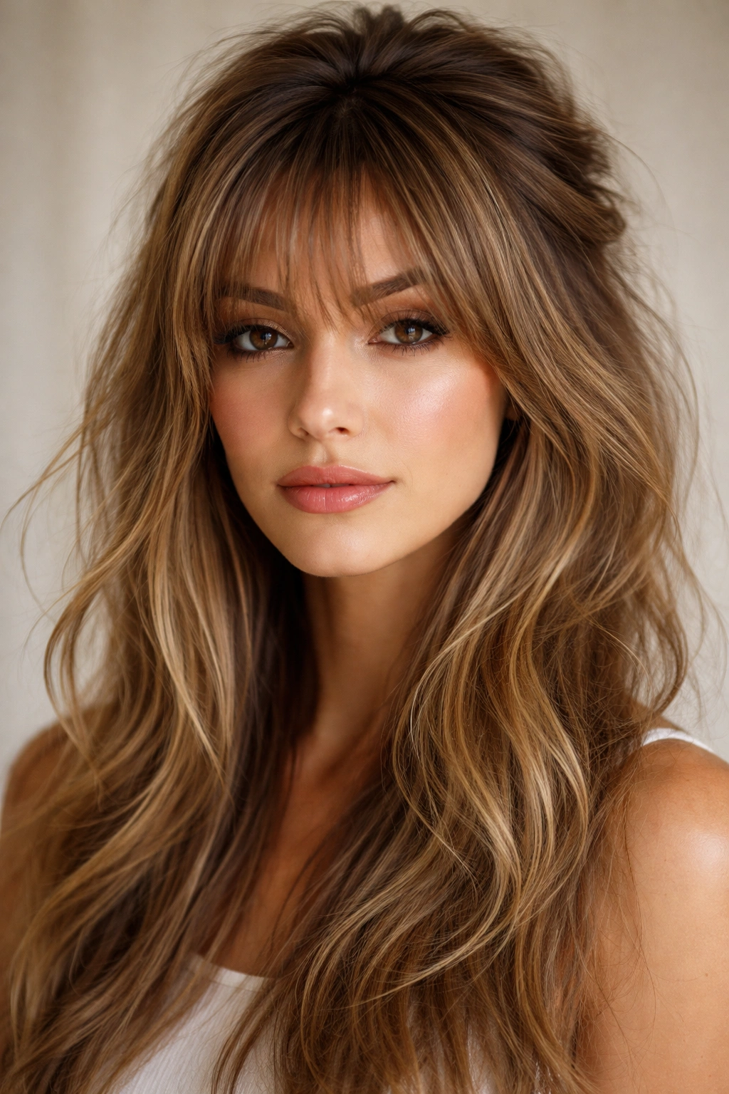 20 Long Face Hairstyles With And Without Bangs 18 Close-up of wispy bangs and textured crown adding volume