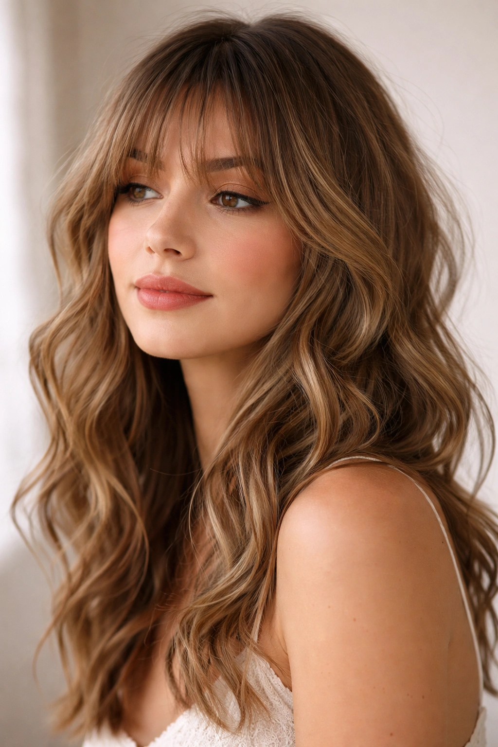 Wispy bangs with tousled waves forming soft, textured hair