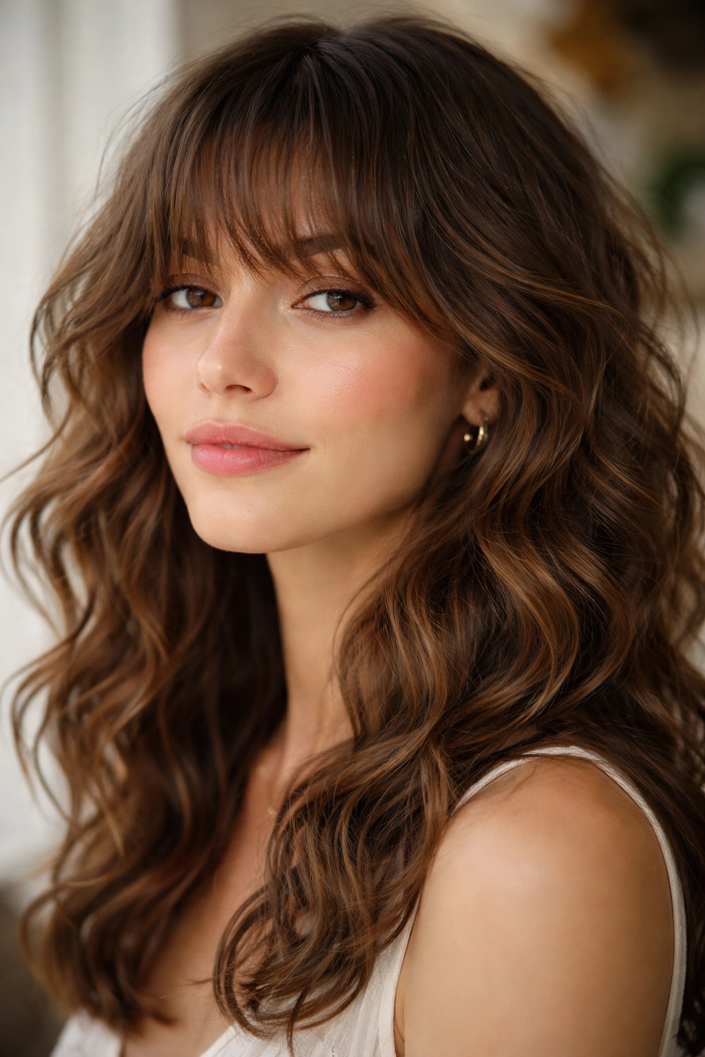 12 Curly Bang Haircuts For Every Type Of Curl 9 Wispy bangs with hidden texture on wavy hair.