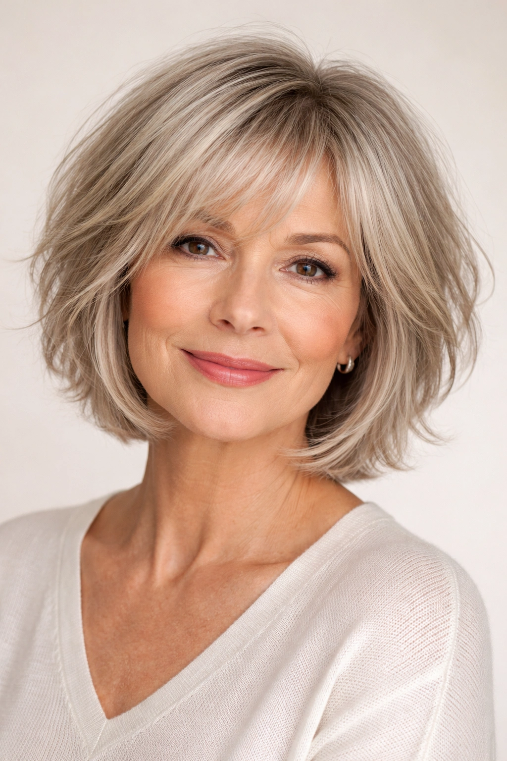 Portrait of a woman with wispy bob showing airy layers and delicate bangs
