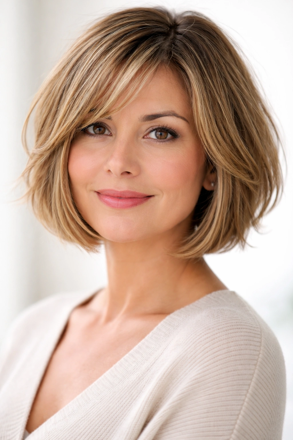10 Short Haircuts For Women With Round Faces Over 40 10 Woman with chin-length bob featuring wispy soft layers