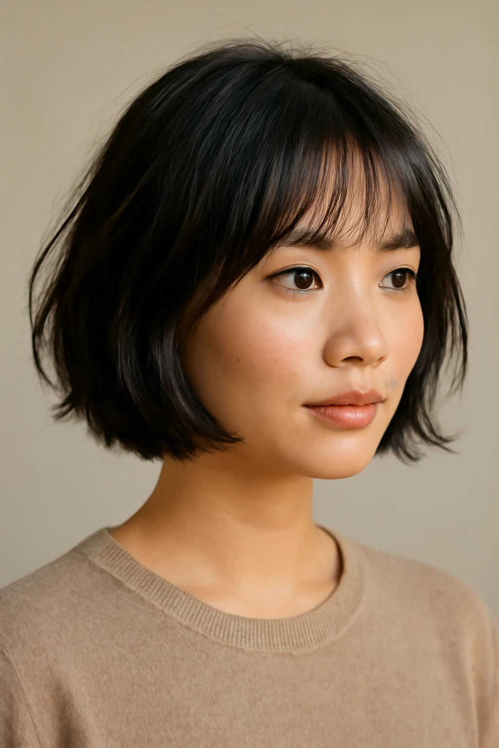 10 Short Bob Haircuts for Asian Women to Bookmark 9 Chin-length wispy bob with soft fringe framing the face