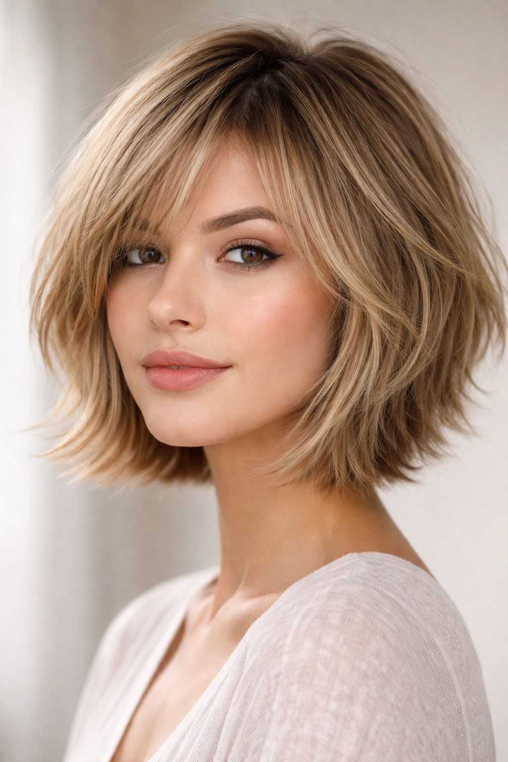 12 Short Layered Cuts For Volume And Texture 3 Model with a jaw-length wispy bob featuring feathered, textured edges