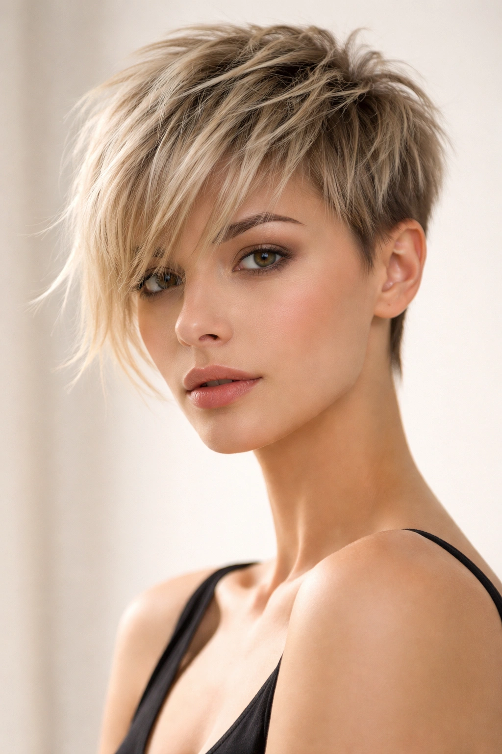 Close-up portrait of wispy textured crop with long bangs framing the face