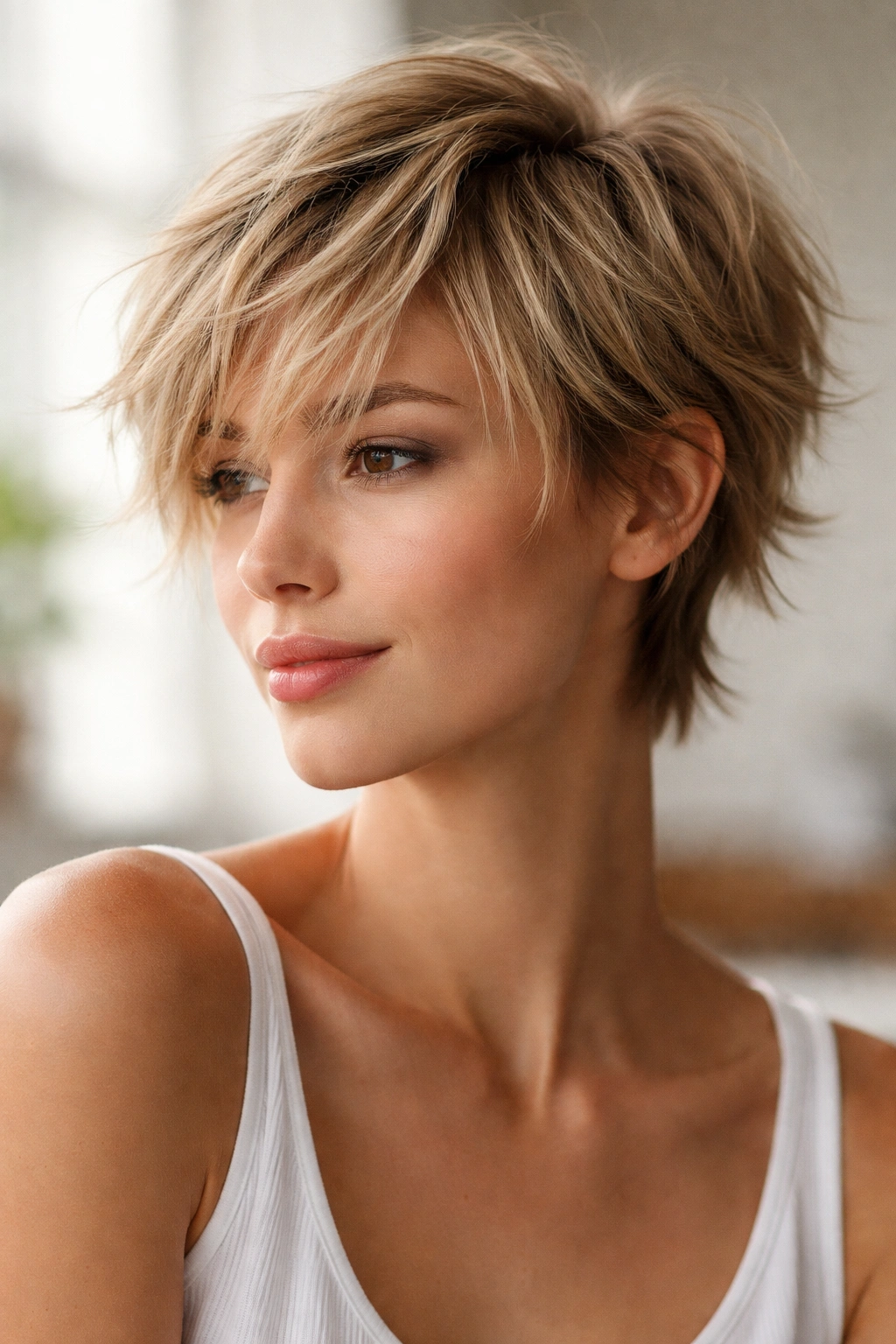 30 Short Haircuts Women Swear By And Rebook 16 Model wearing a wispy crop with feathered layers and airy texture
