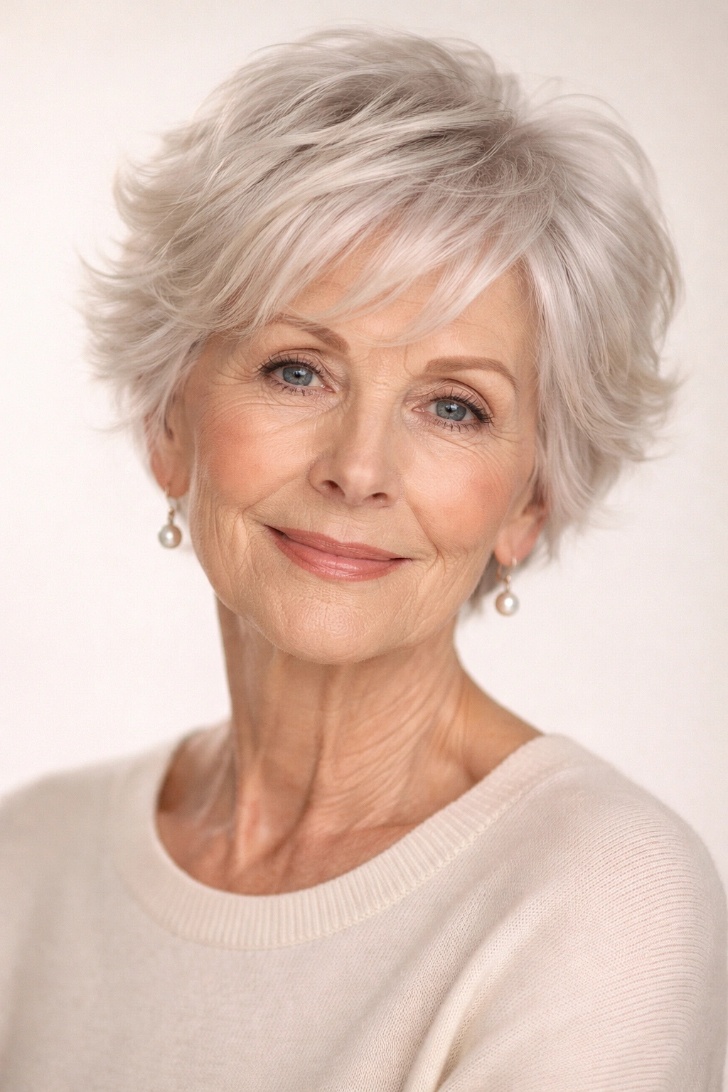 Close-up of a woman with a soft wispy crop hairstyle