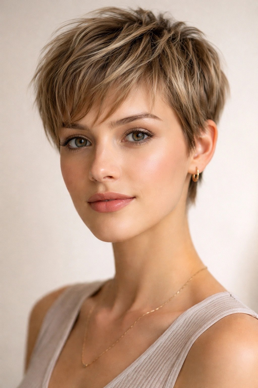 25 Short Haircuts Matched To Your Face Shape 13 Close-up of an oval-faced model with a wispy short haircut