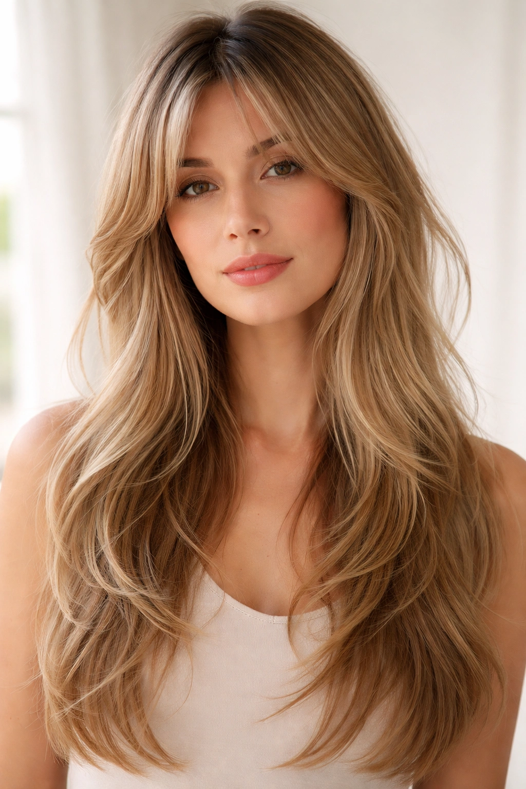 12 Hairstyles With Bangs That Suit Long Faces 2 Close-up of wispy curtain bangs with long layers framing the face