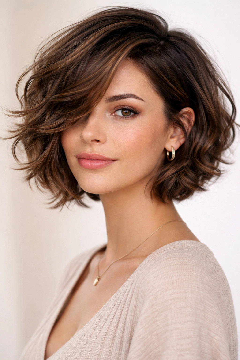 Wispy curved bob with a side part showing diagonal face-framing lines