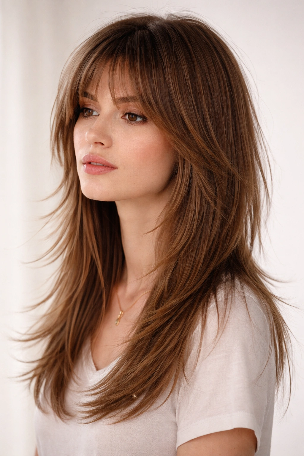 Shag with wispy ends and tapered layers forming an airy finish
