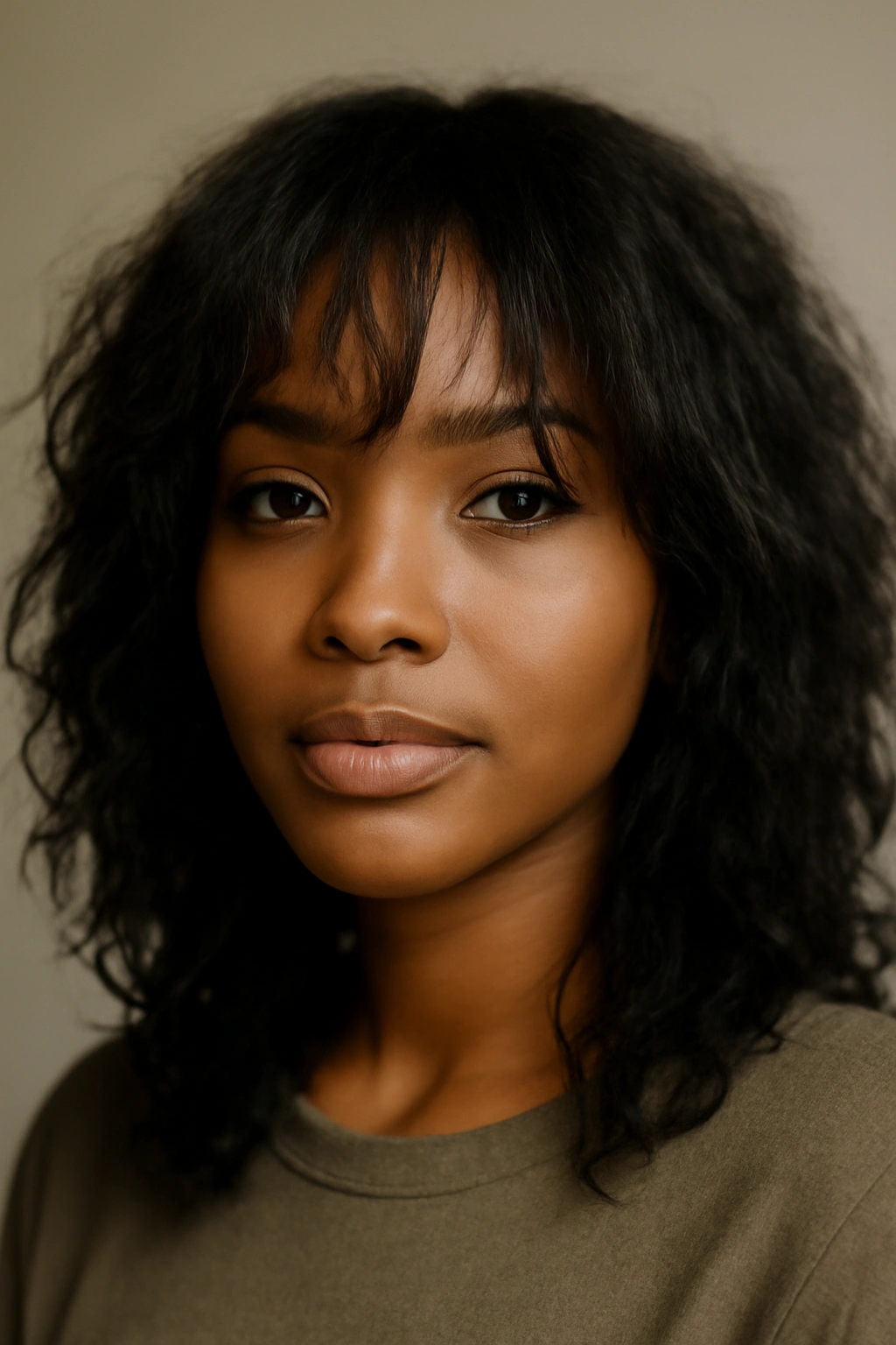 12 Bangs Hairstyles That Flatter Black Women 1 Close-up of a Black woman with wispy feathered bangs and natural curls