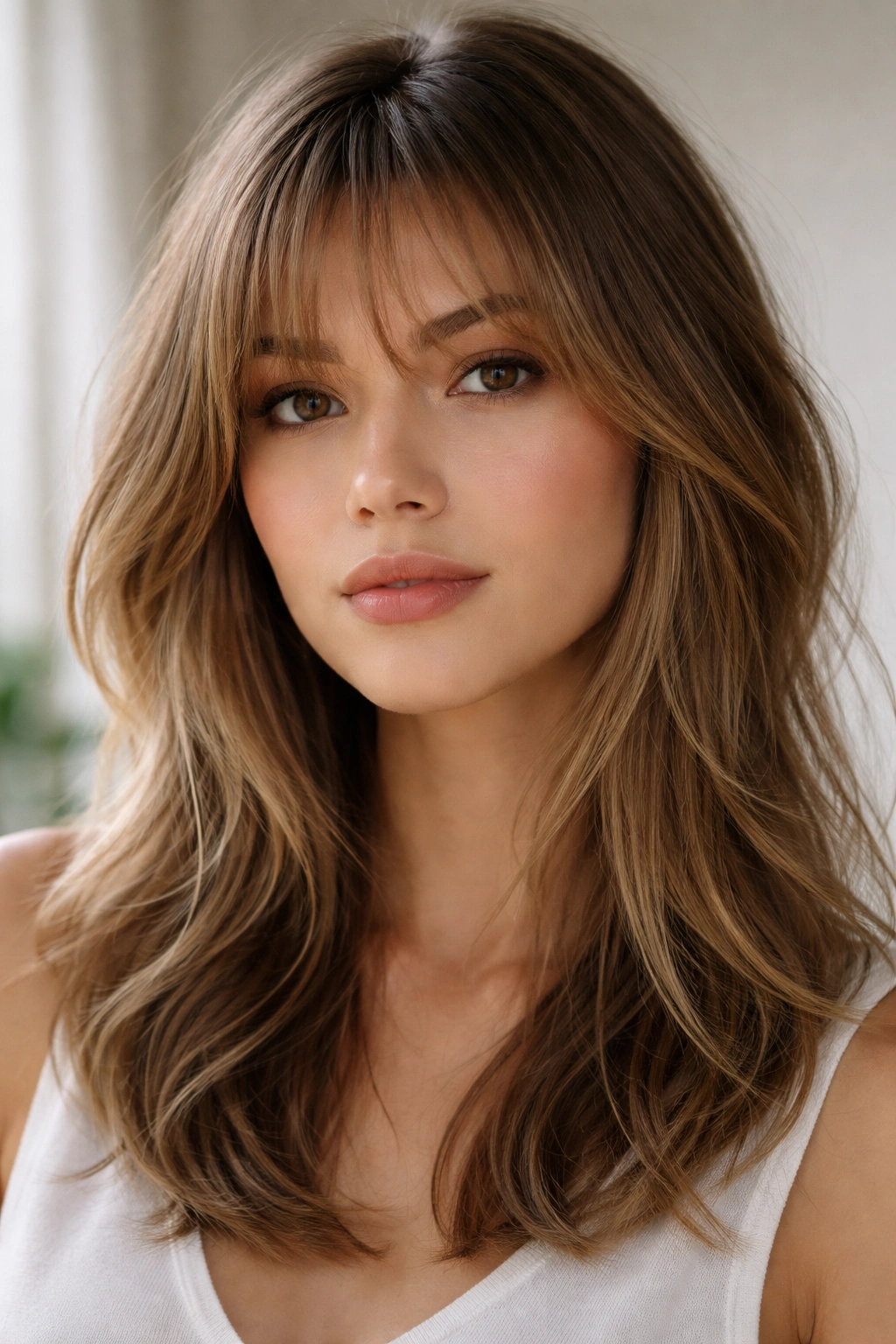 12 Bang Styles For Medium Hair To Try Next 1 Close-up of wispy feathered bangs framing a medium-length hairstyle with soft tapered ends