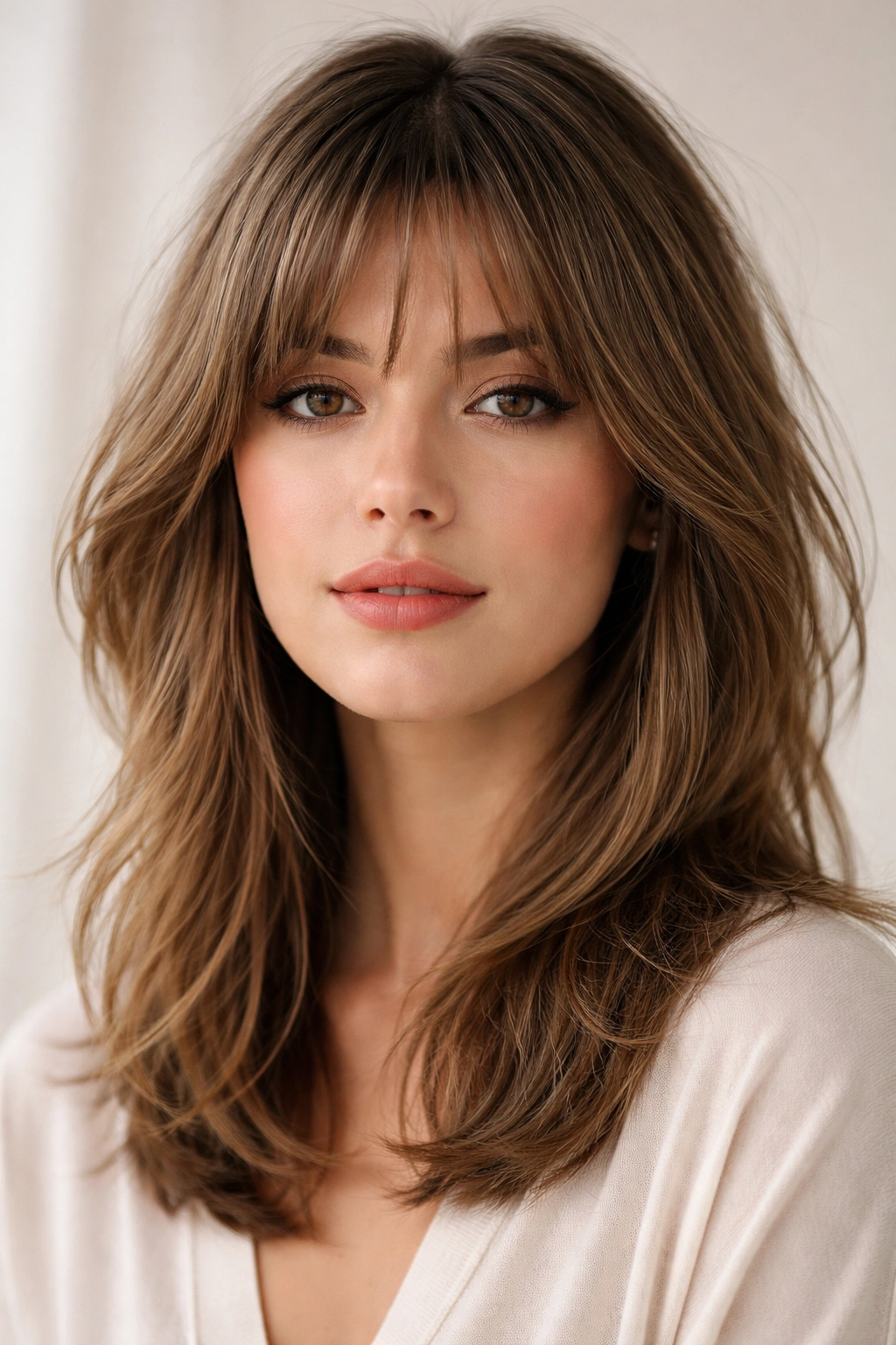 18 Bangs To Try With Medium Length Hair 2 Close-up of wispy feathered bangs with soft layers framing the face