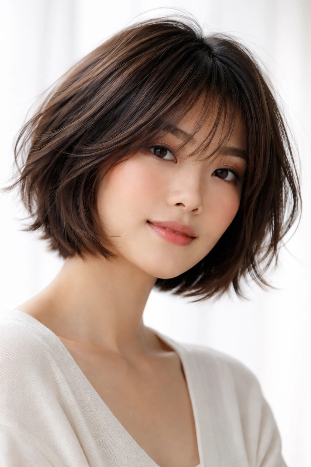 Close-up of a model's wispy feathered bob with soft layers.