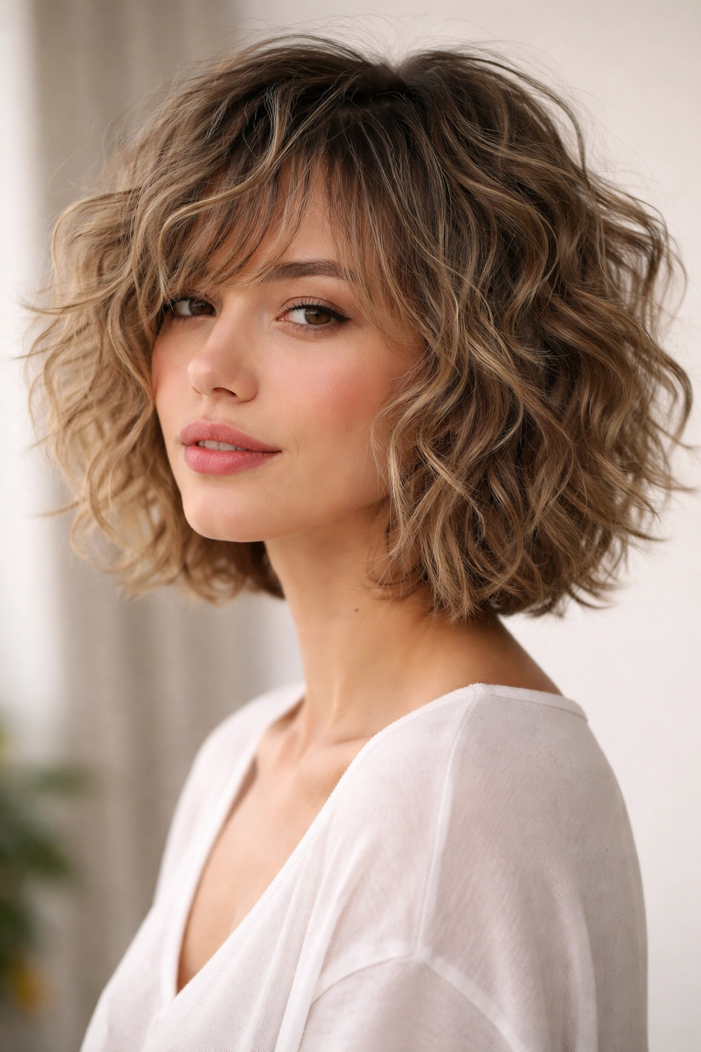 Choppy curly bob with wispy feathered layers
