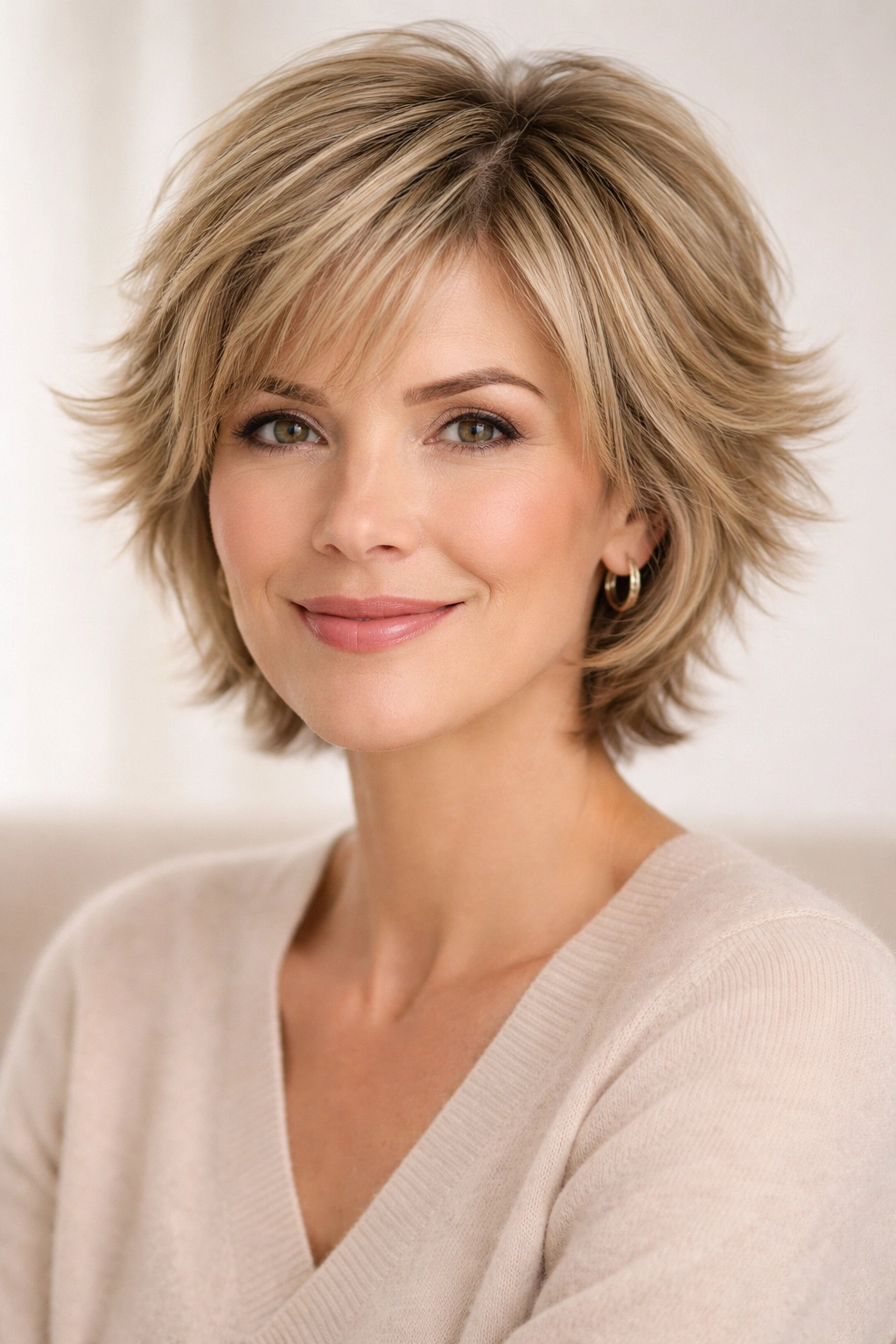 Close-up portrait of a person with wispy feathered haircut and outward-flipping layers