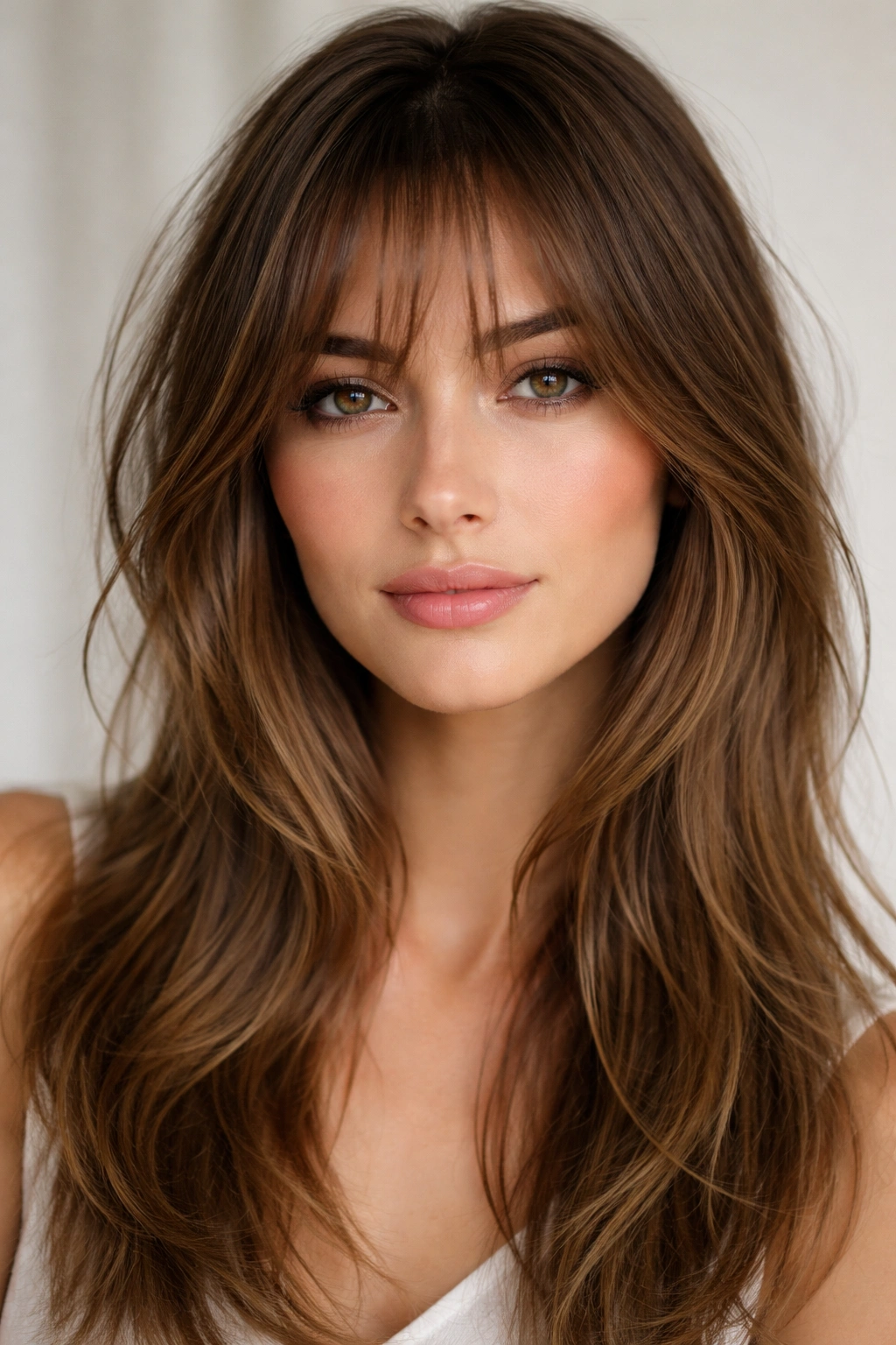 Face-framing wispy bangs blending into textured hair