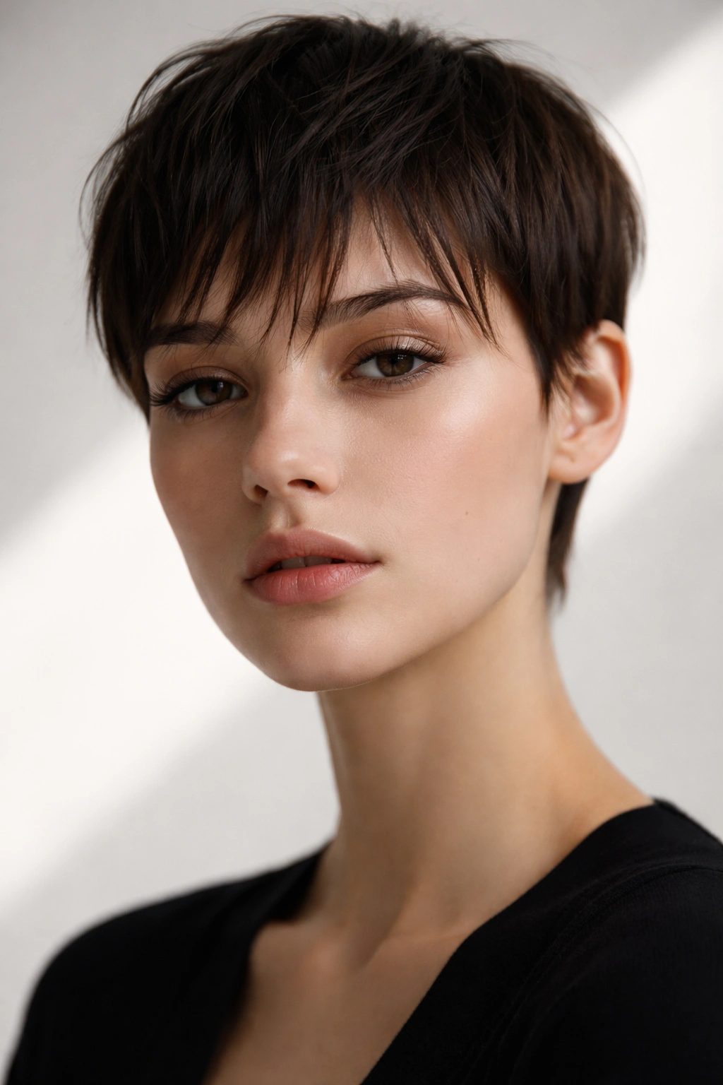 12 Short Haircuts Styled With Curtain Bangs 8 Close-up portrait of a person with a very short wispy fringe and barely-there curtain bangs