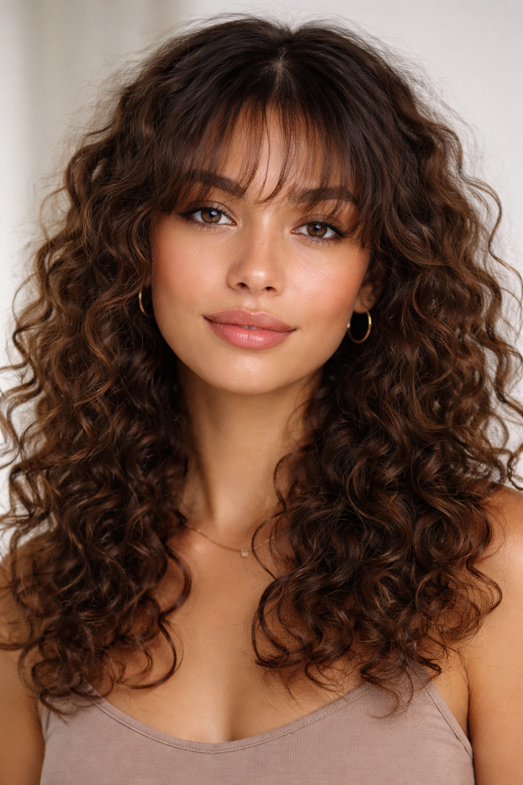 Delicate wispy fringe bangs with light hair framing curls