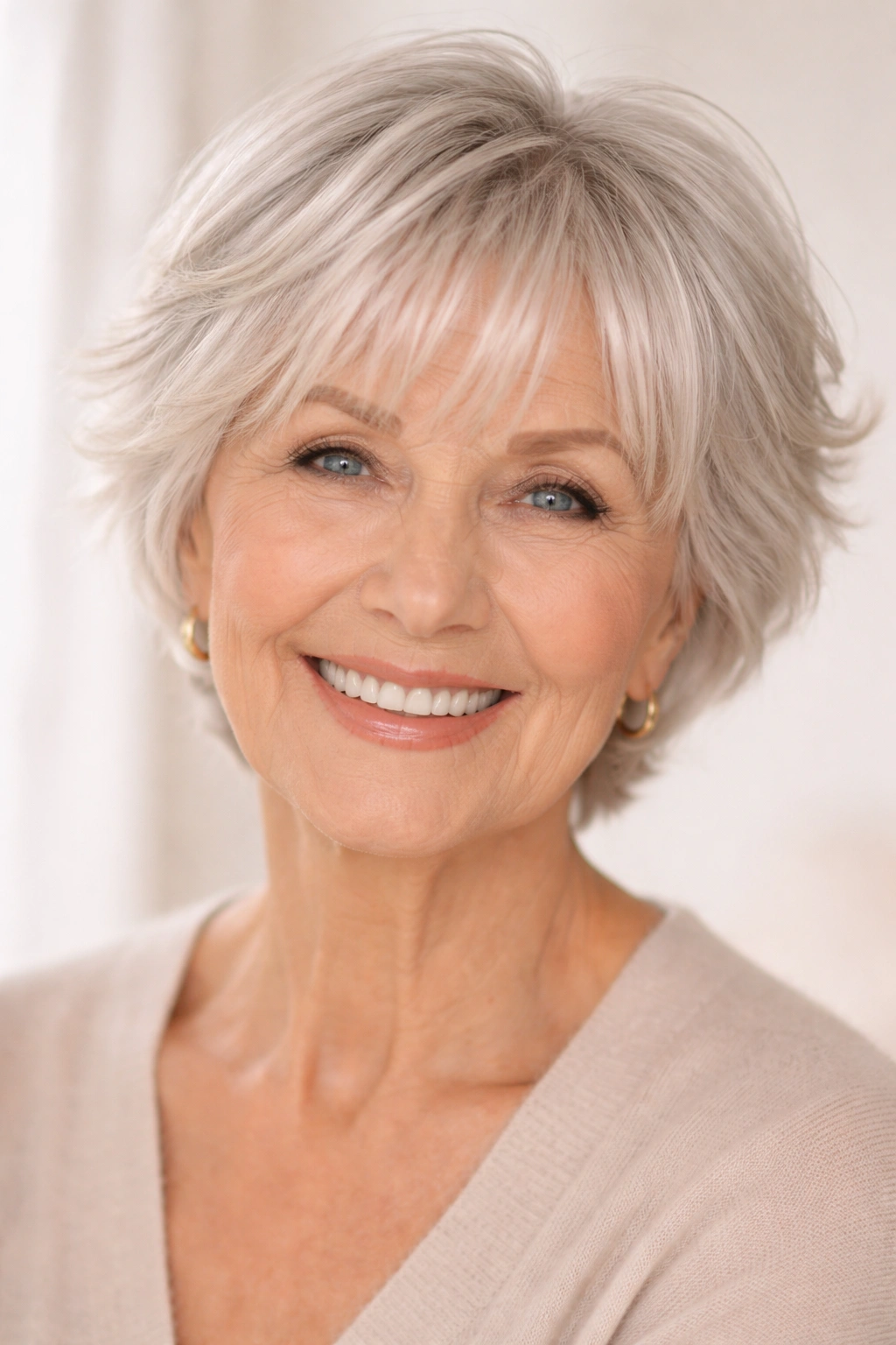 Close-up of a mature woman showing a wispy fringe framing the eyes