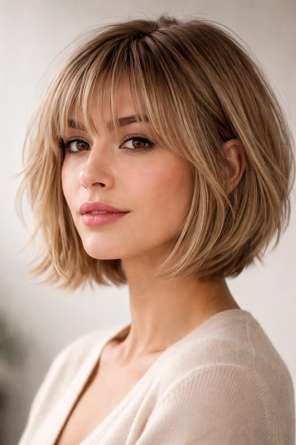 Close-up of a wispy fringe bob with angled bangs and textured layers