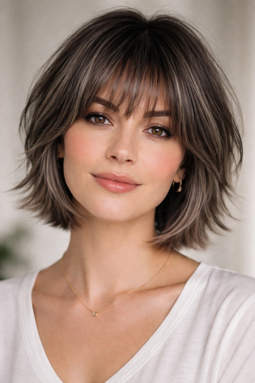 Wispy fringe cut with piecey fringe and gray highlights