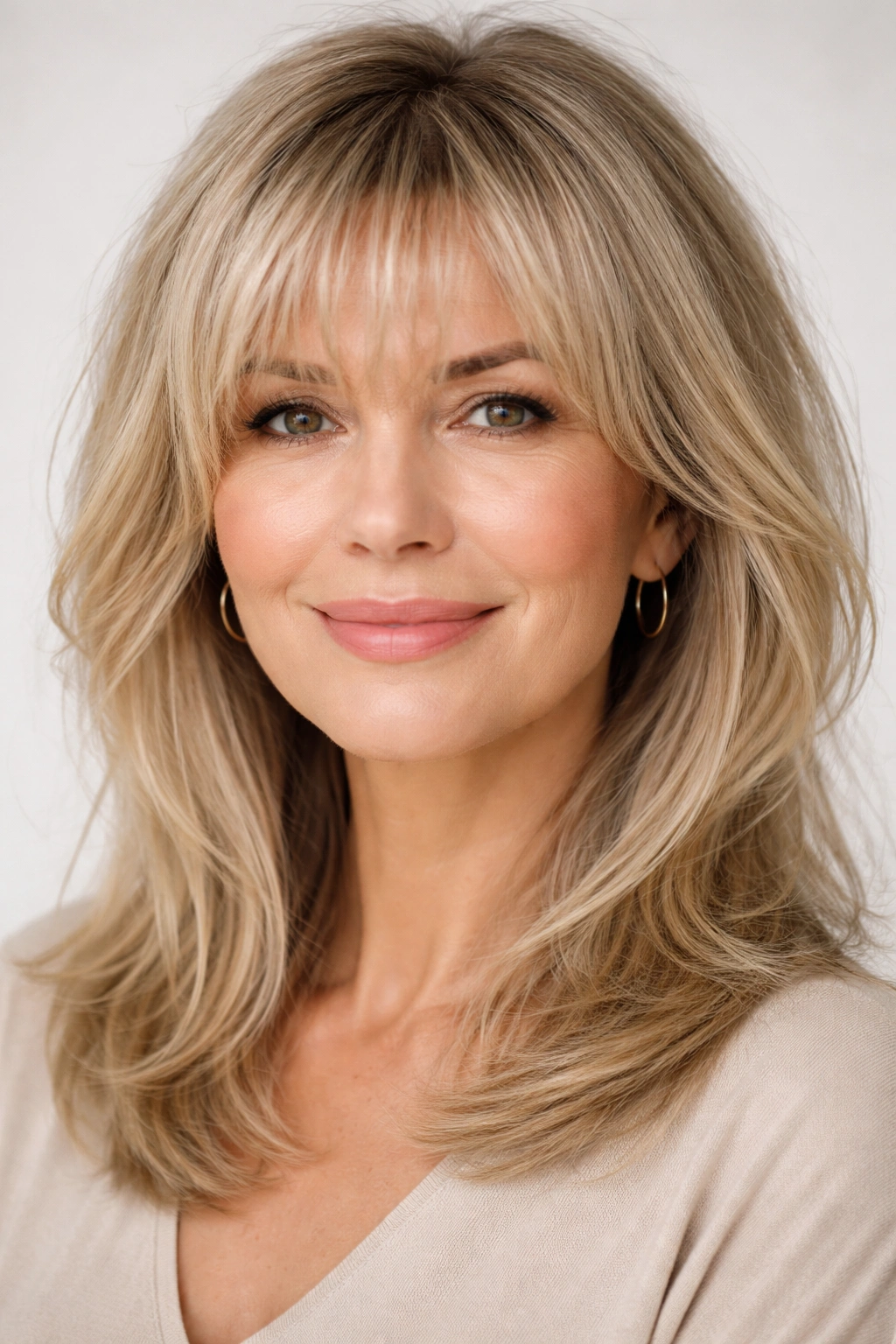 Model wearing wispy fringe bangs with feathered texture