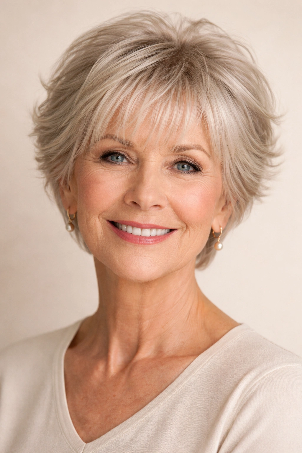 Short hairstyle with wispy fringe blending into layers