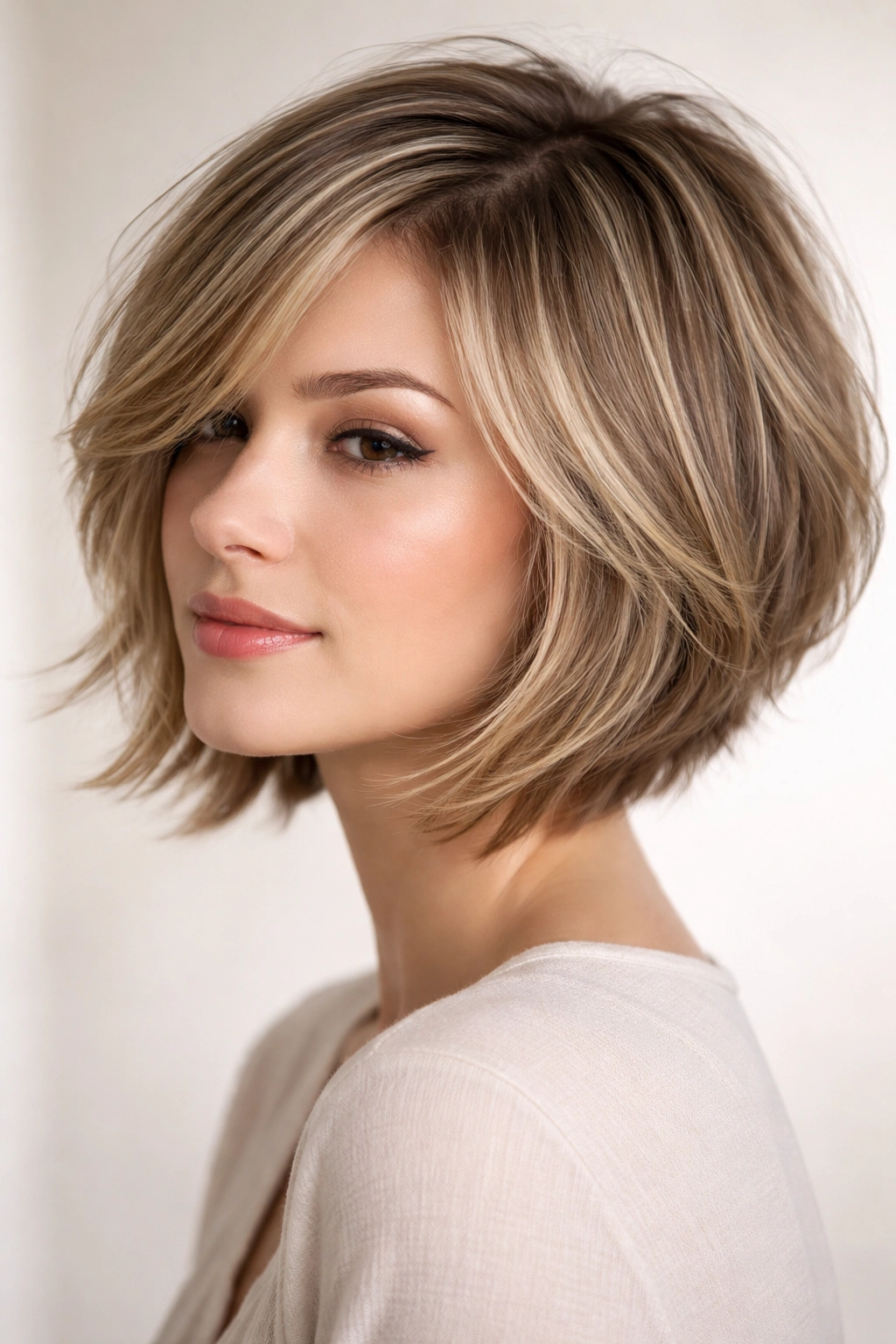 Close-up portrait of a person with a wispy inverted bob showing feathered texture and movement