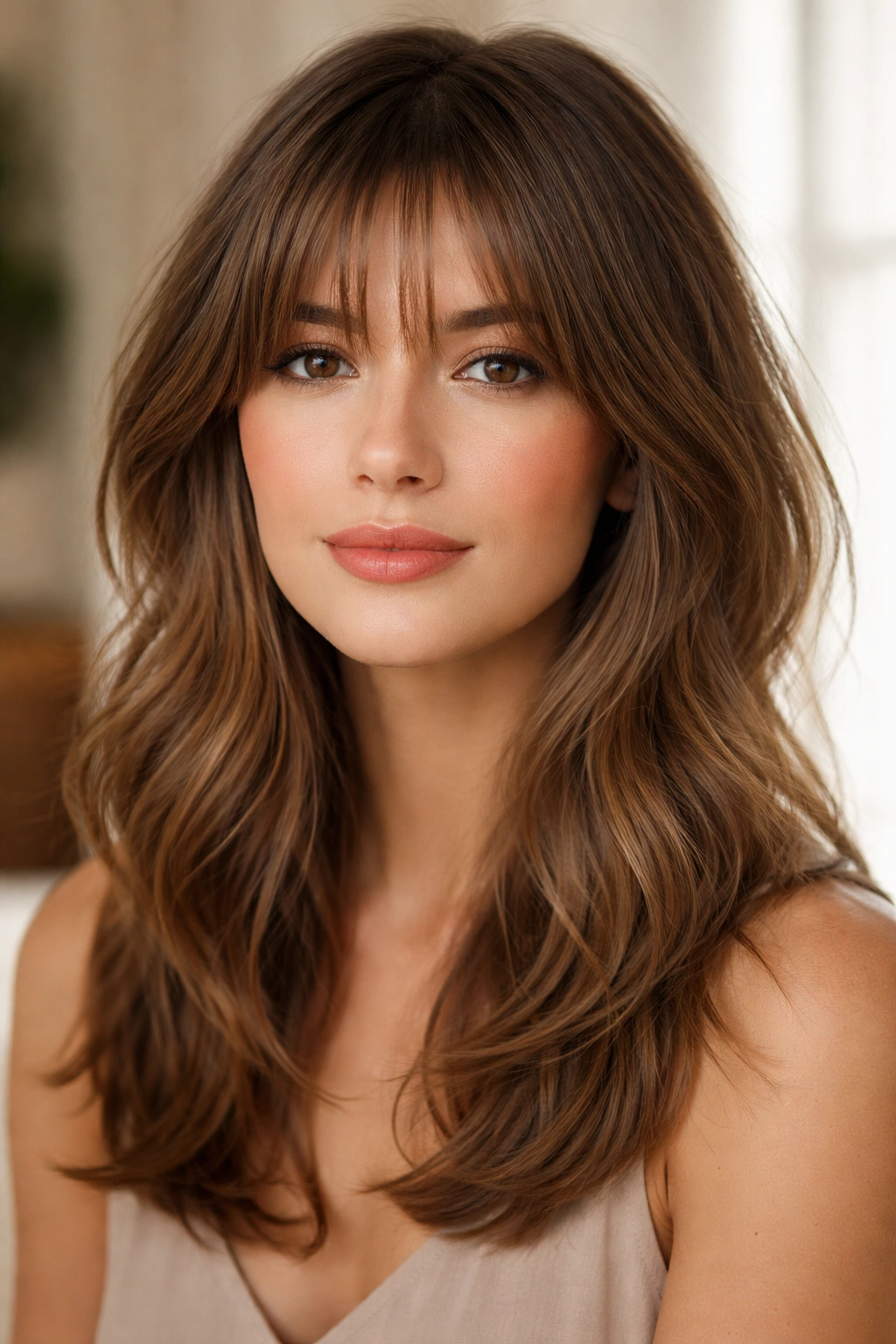 15 Bang Styles That Pair Well With Medium Hair 14 Close-up of wispy layered bangs framing the face with soft texture.