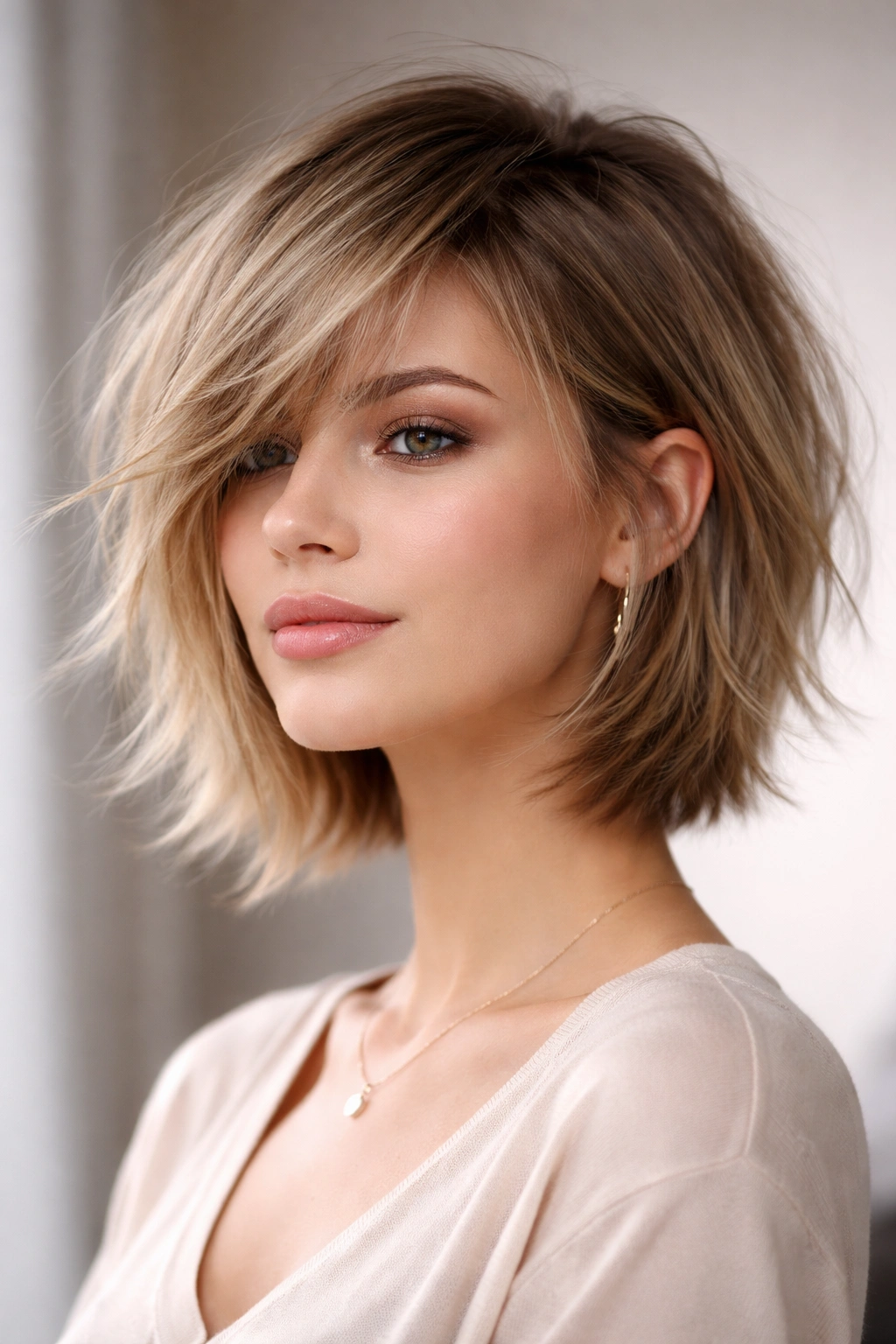 Wispy layered uneven bob with feathered texture