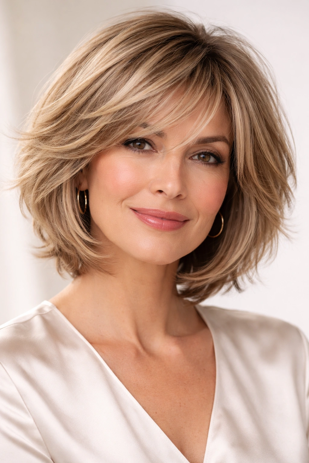 Model with a wispy layered bob featuring feathered layers.