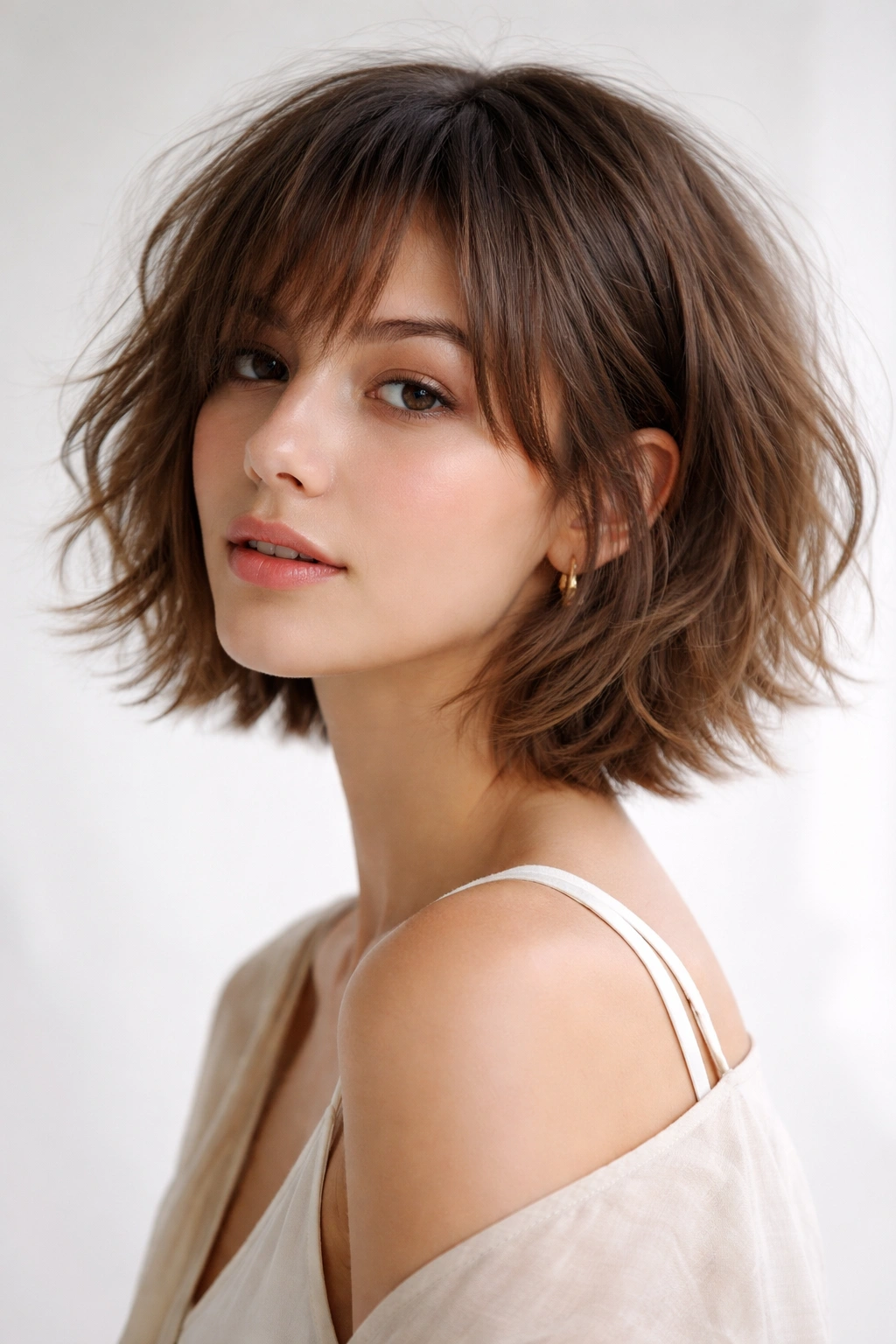 Wispy layered French bob with feathered texture and movement, studio light