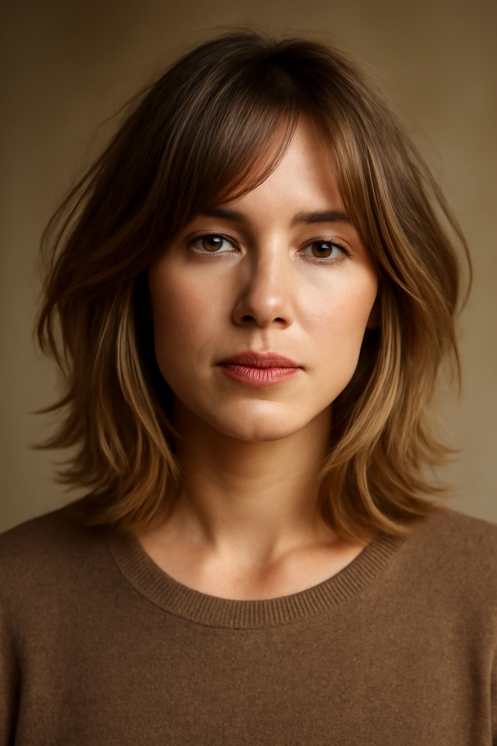 12 Cuts That Hit Right Above the Shoulders (And Look So Good) 10 Head-and-shoulders portrait of a model with a wispy layered lob and face-framing layers.