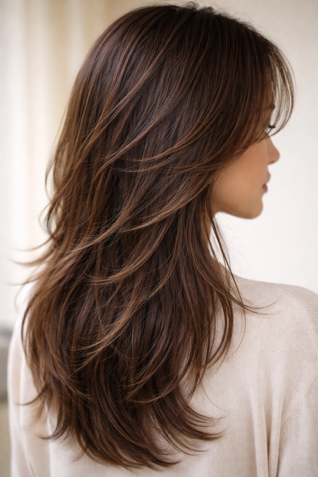 Close-up of long wispy hair layers starting below the ears
