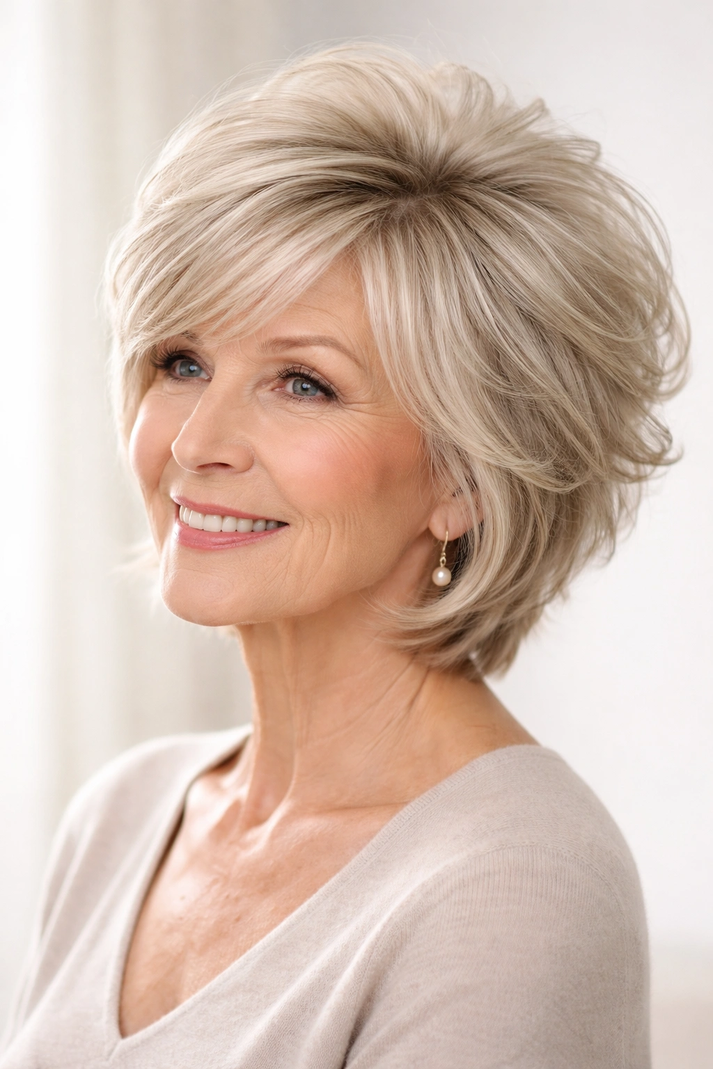 Wispy layered hairstyle with crown volume in a head-and-shoulders portrait.