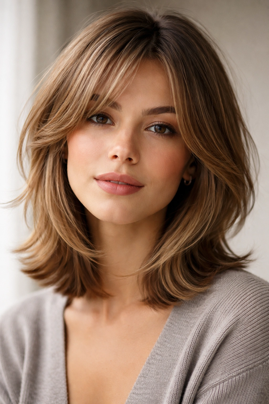 12 Short Haircuts With Long Layers That Flow Nicely 7 Close-up portrait showing wispy face-framing hair around the cheeks and temples.