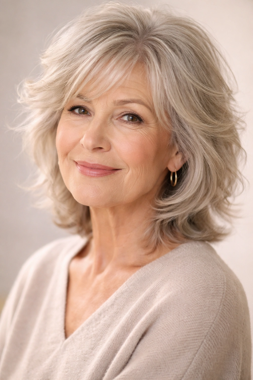 Older woman with wispy layers in fine hair creating soft volume.