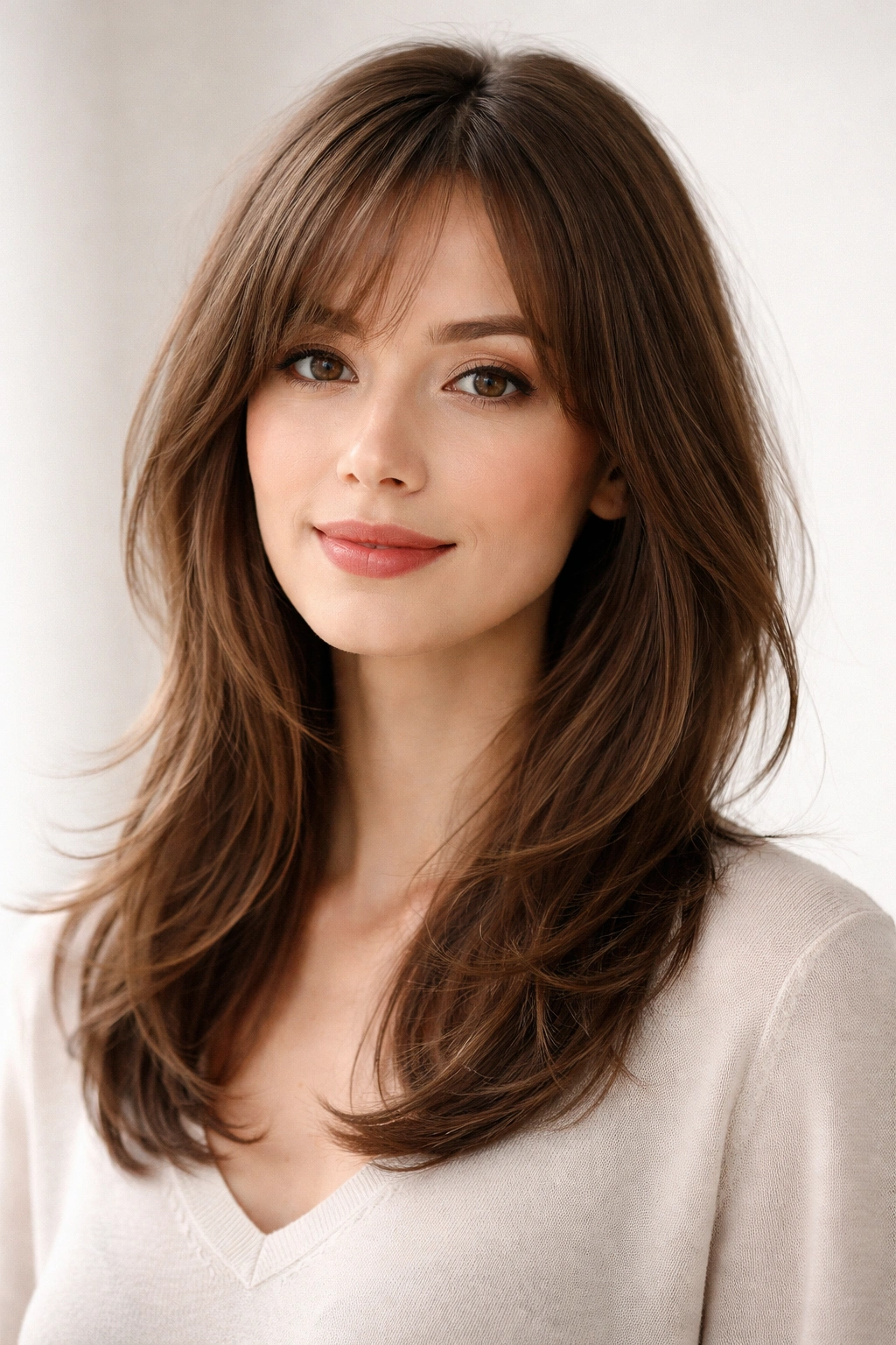 Portrait of hair with wispy feathered layers framing an oval face