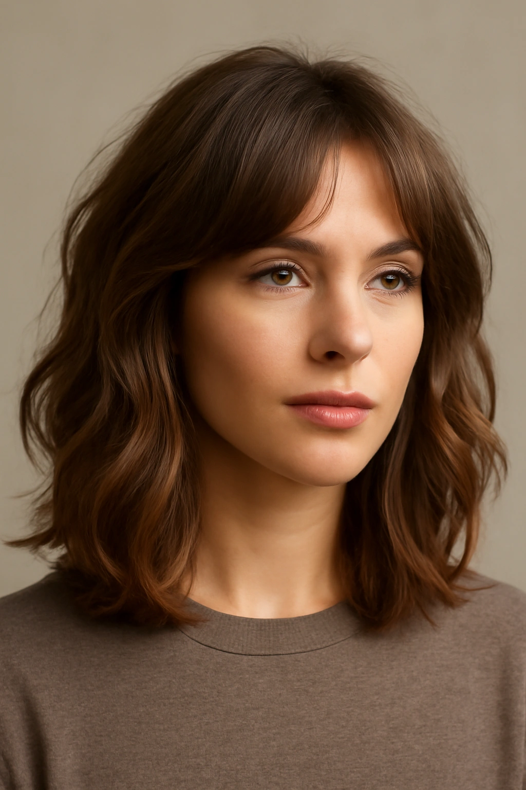 Mid-length hair with subtle feathered wispy layers