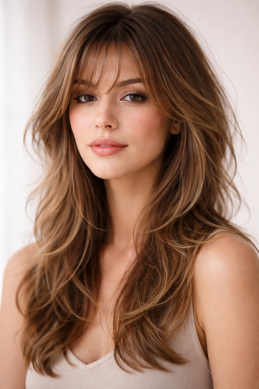 Portrait featuring wispy layered hair with minimal bangs