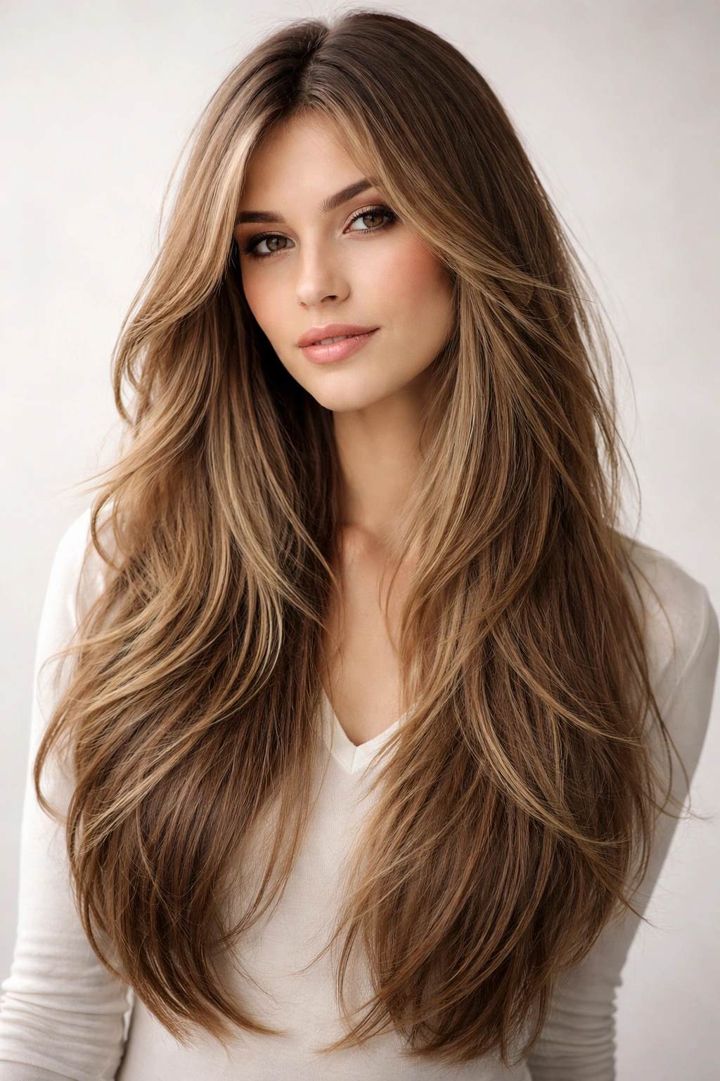 Close-up of long hair with wispy feathered layers blending seamlessly