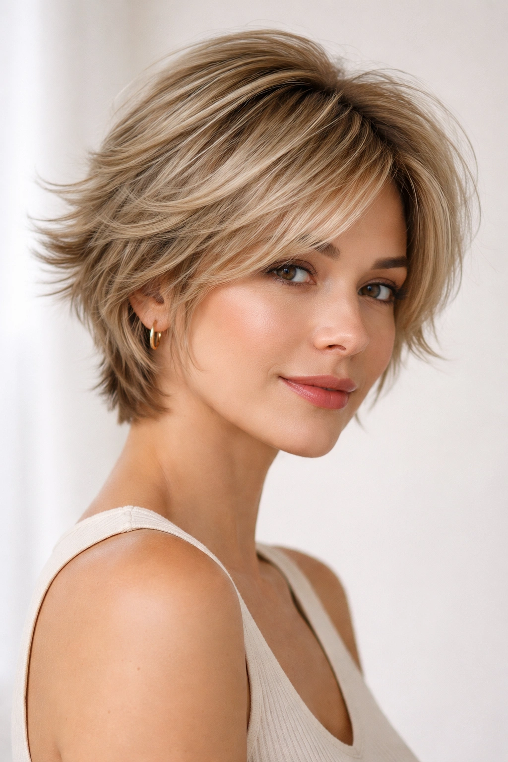 Close-up of wispy layered short hairstyle with feathered, blended edges