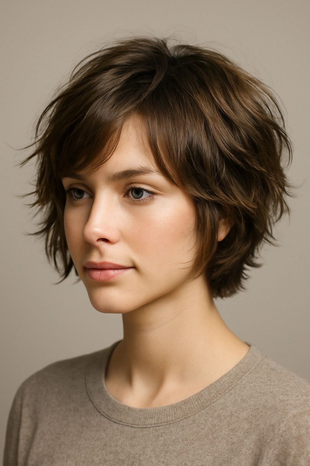 Close-up of a woman with a short cut featuring wispy layered texture and subtle waves.