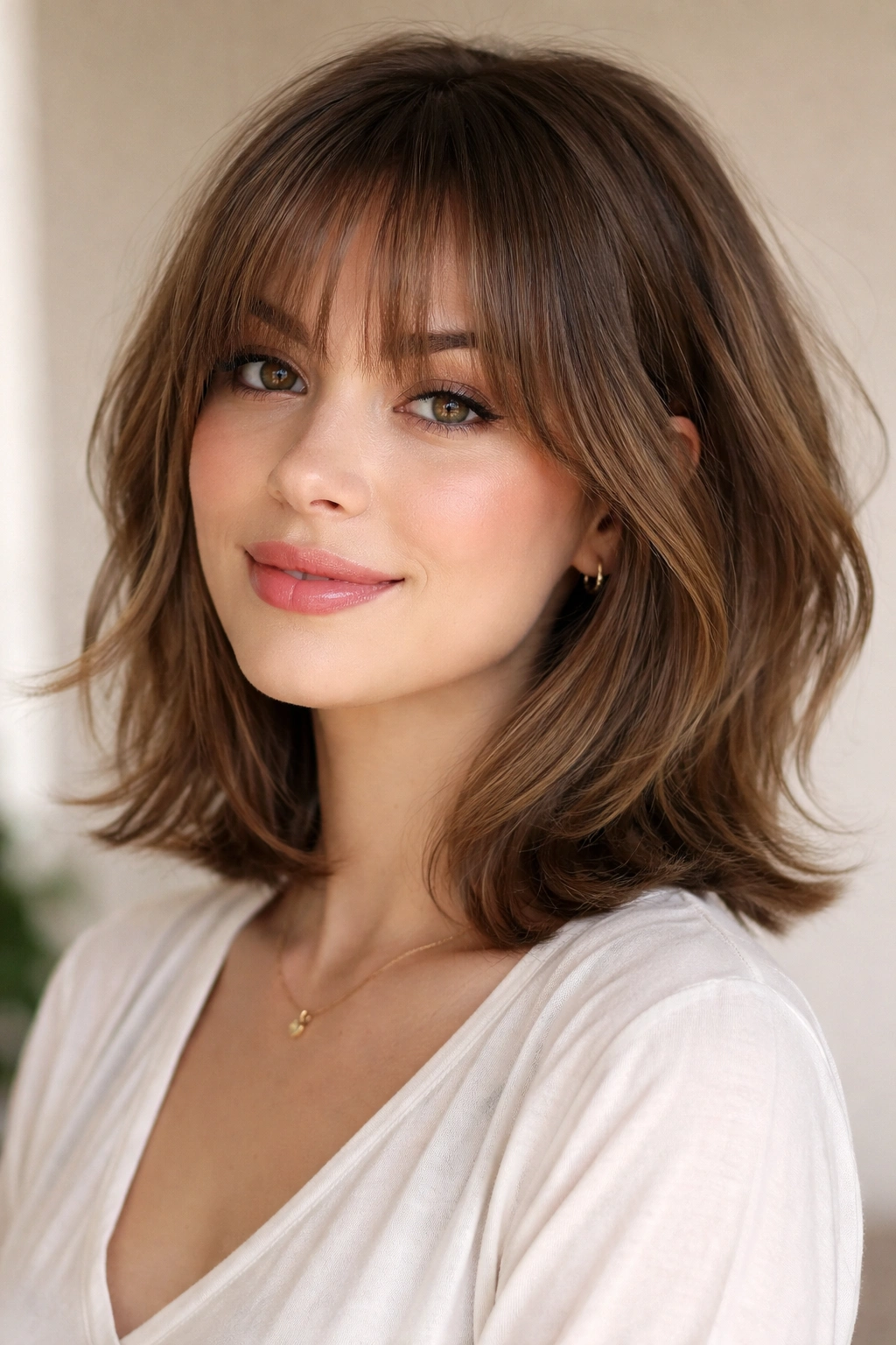Wispy layered haircut with soft bangs framing the forehead