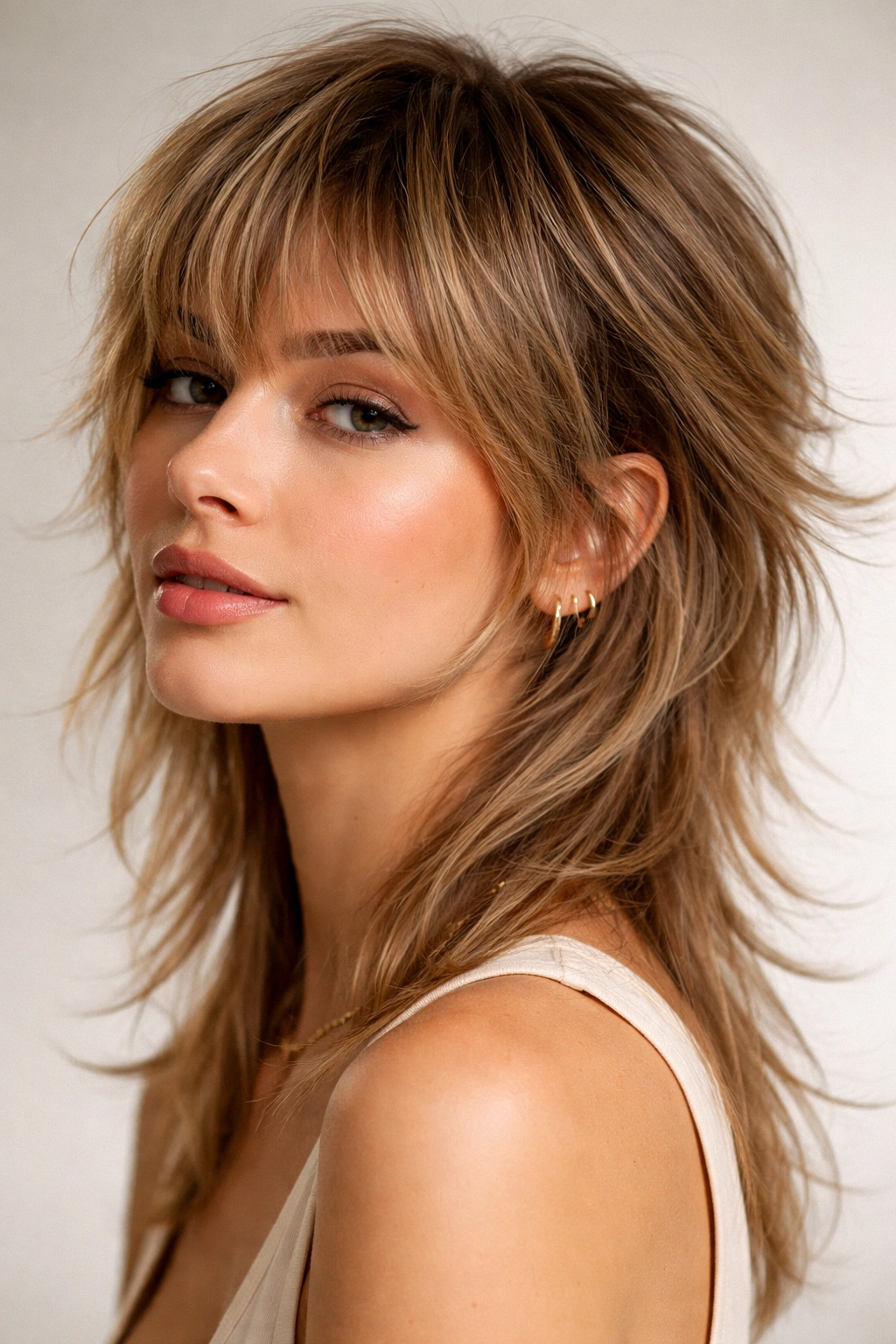Portrait of a woman with wispy mullet featuring feathered layers and tapered ends