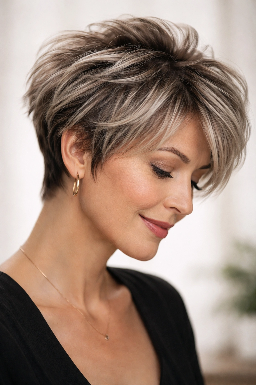 Wispy pixie cut with ash highlights and textured ends