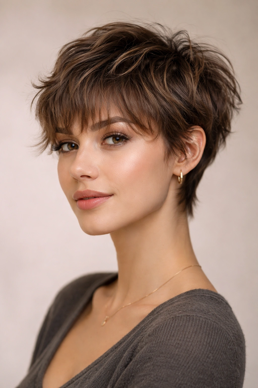 Wispy pixie with soft feathered bangs on wavy hair