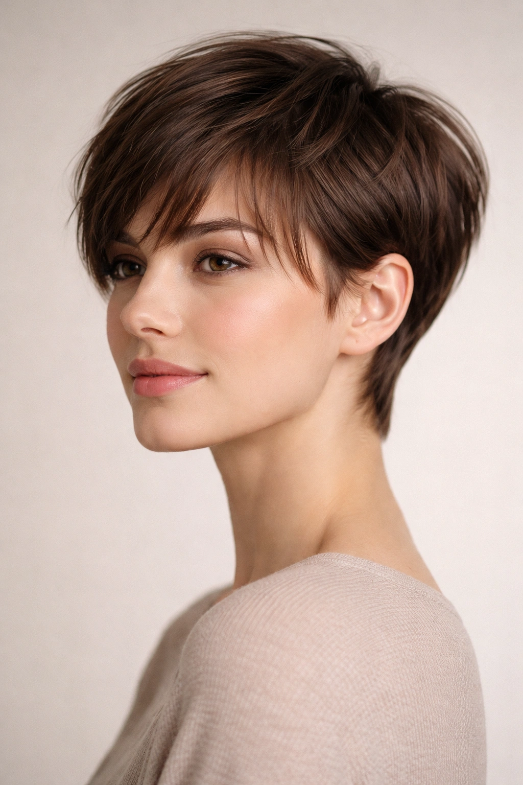 Portrait of wispy pixie bangs with tapered back creating soft frame