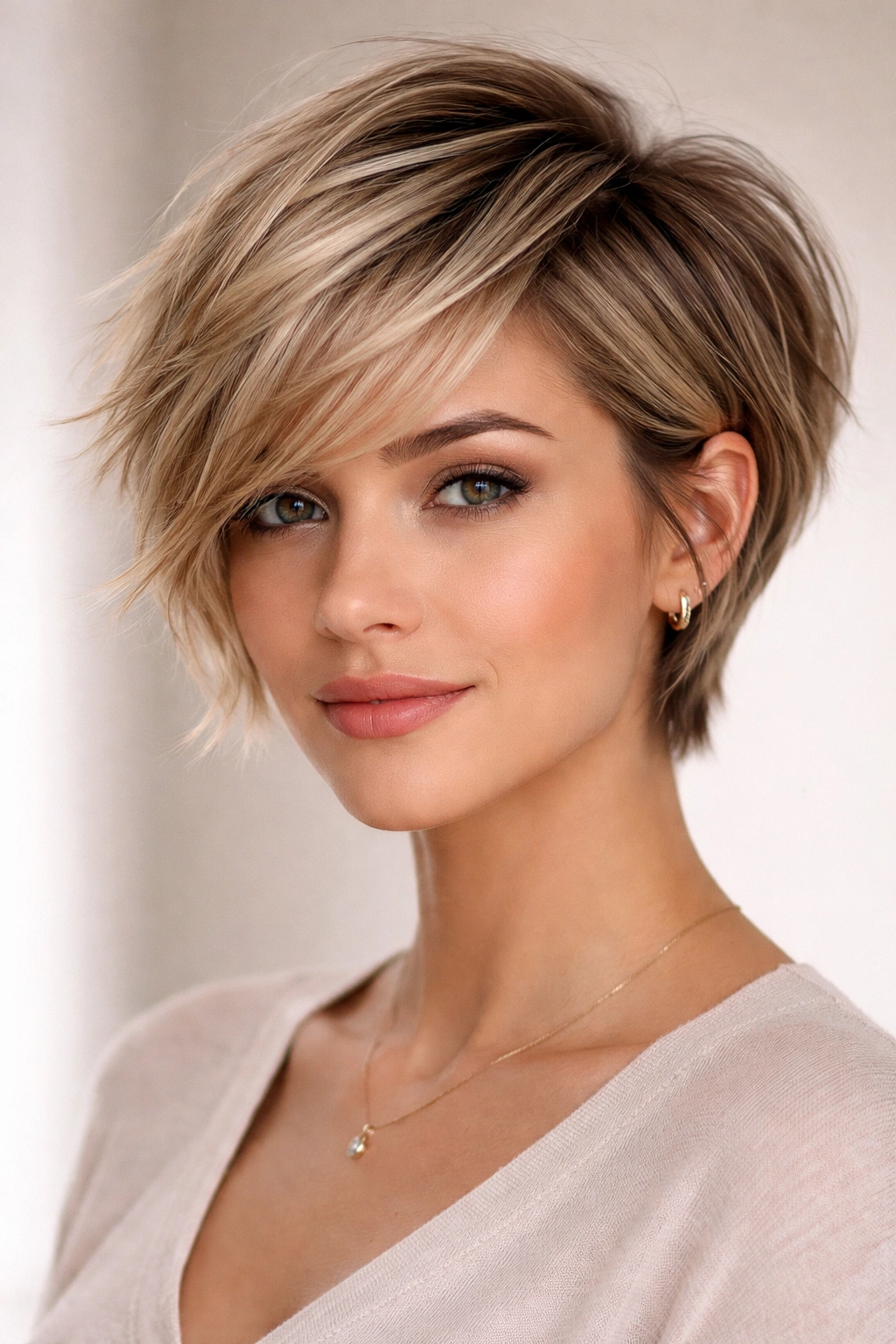 Very short wispy pixie bob with side-swept layers and asymmetrical silhouette
